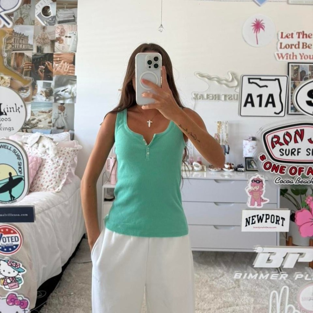 Rare Brandy Melville Teal Ribbed Button Tank Top